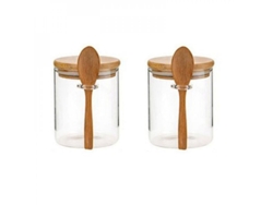 Tarros de azúcar Rebe-2 con tapa y cuchara de bambú, de vidrio transparente, para almacenamiento en la cocina, como se muestra en la imagen.