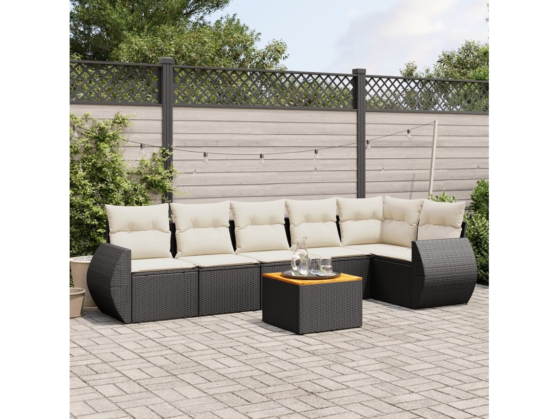 Conjunto de sofá de jardín de 7 piezas con cojines, ratán negro, Dkd Home Decor