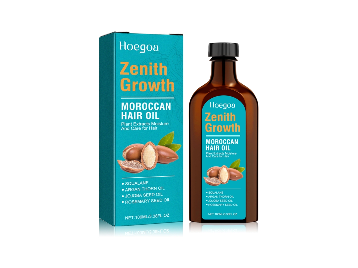El aceite esencial para el cuidado del cabello marroquí de Hoegoa hidrata y suaviza el cabello seco y encrespado.