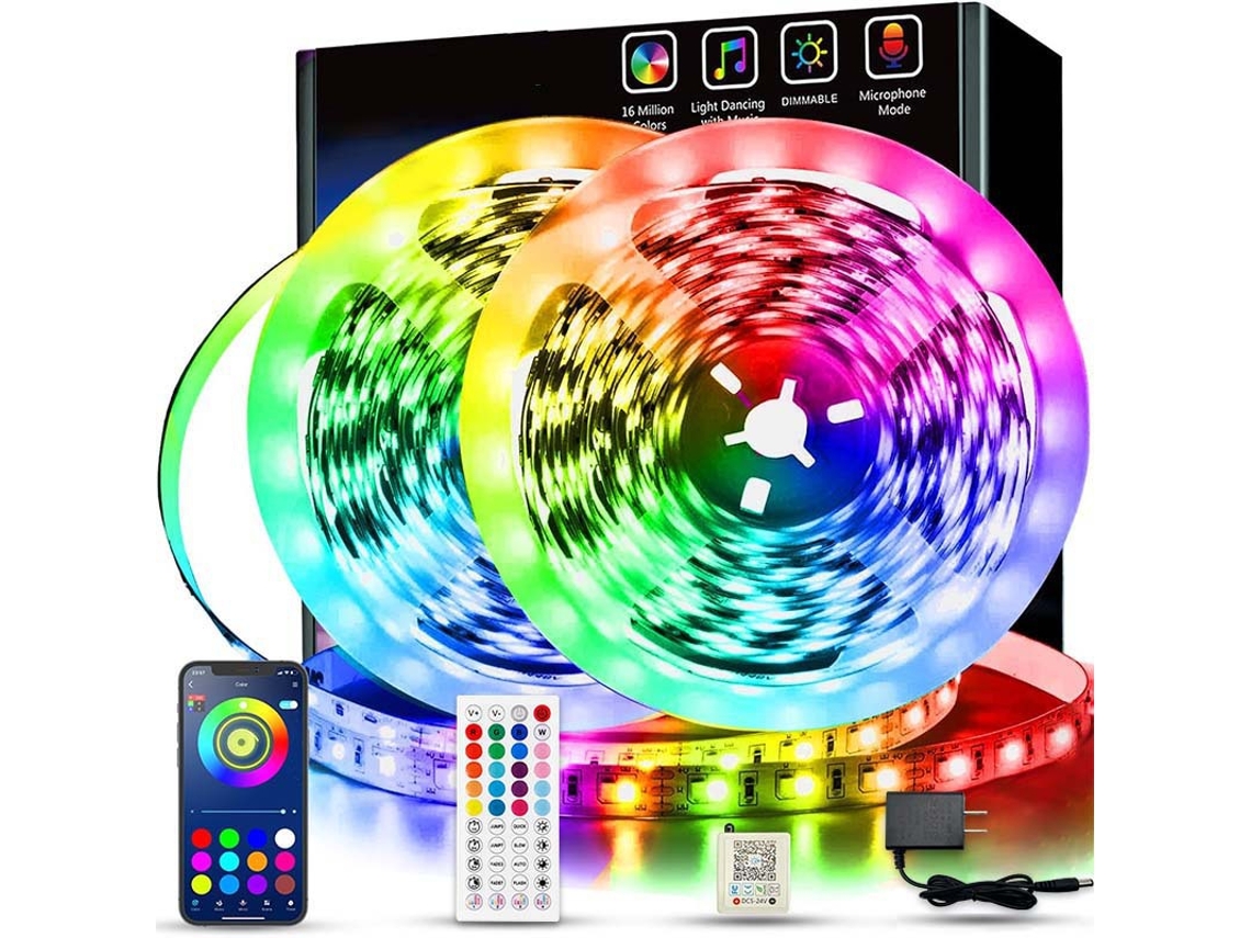 Tira de luces LED de 20 m con control por aplicación y controlador de 44 teclas, ideal para decoración de fiestas.