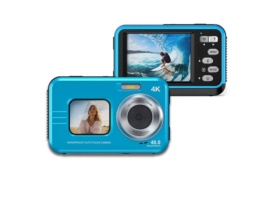Esta cámara 4K HD resistente al agua cuenta con dos pantallas, lo que la hace ideal para deportes al aire libre y fotografía subacuática. Azul, 32 GB. Sfushos