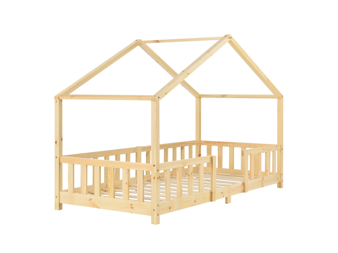 Cama Infantil En Forma De Casita Con Barandilla De Seguridad Construcción De Madera Maciza De Pino 200 X 90 Cm 03_0005466