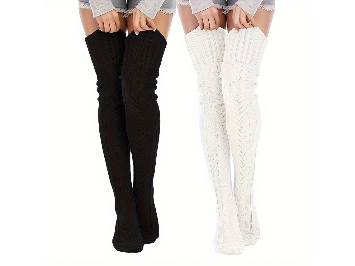 2 Pares De Calcetines Por Encima De La Rodilla, Calcetines De Punto Cálidos Hasta La Rodilla, Medias De Invierno Cómodas (negro Y Blanco) Cuich