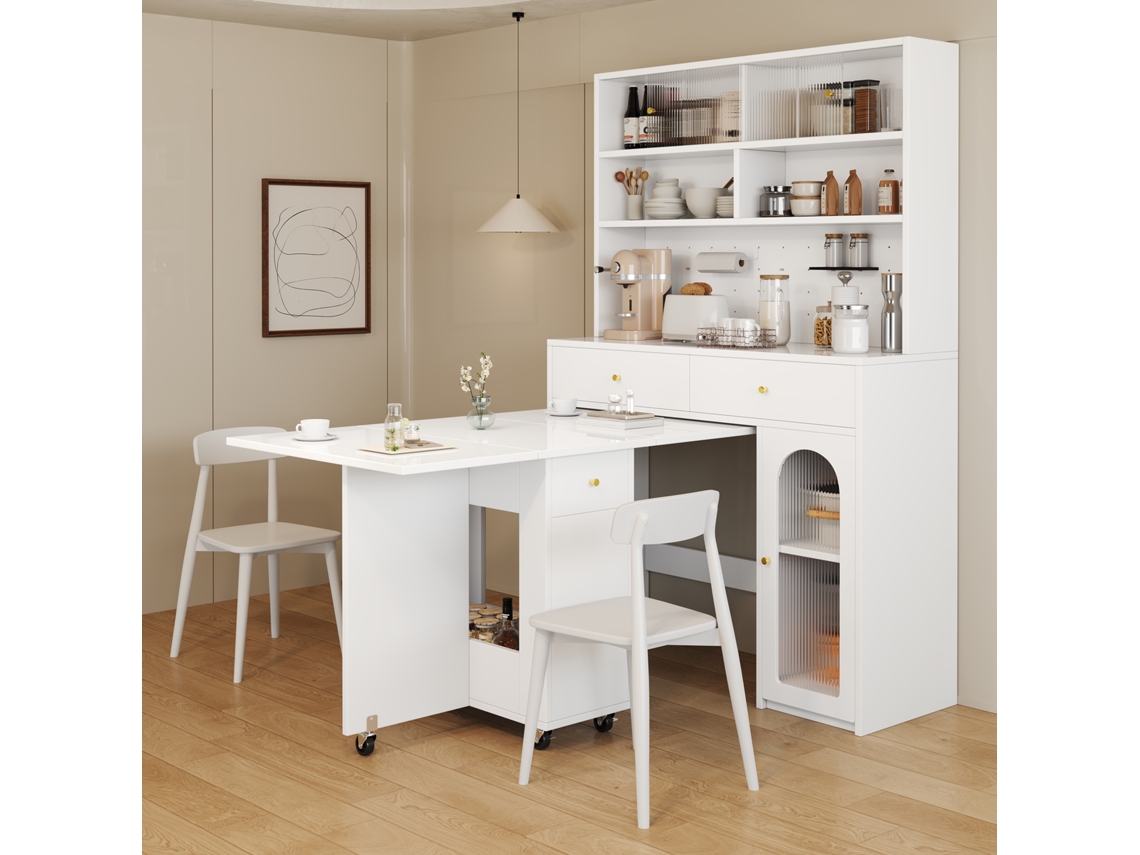 Conjunto De Muebles De Cocina - Con Mesa Plegable Y Barra, Mesa Móvil Con Ruedas, Armario Alto Con Almacenamiento - Blanco