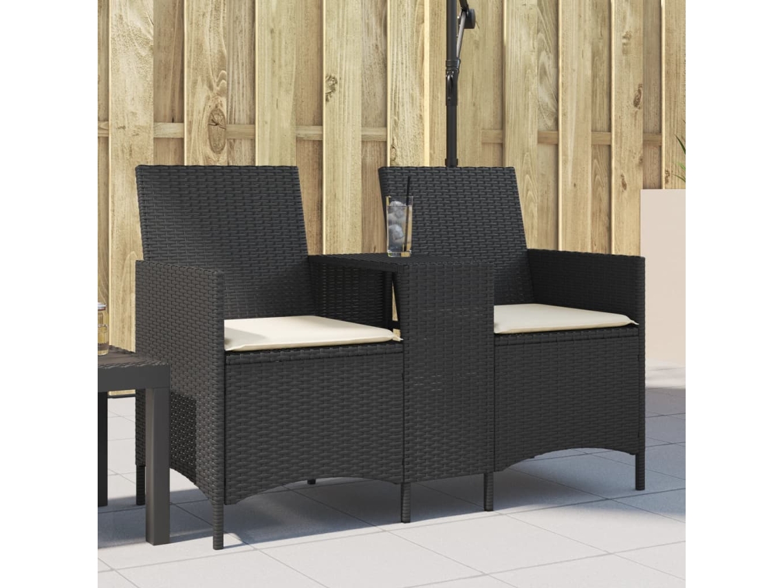 Sofá de jardín de 2 plazas con mesa y cojines, mimbre negro, Dkd Home Decor