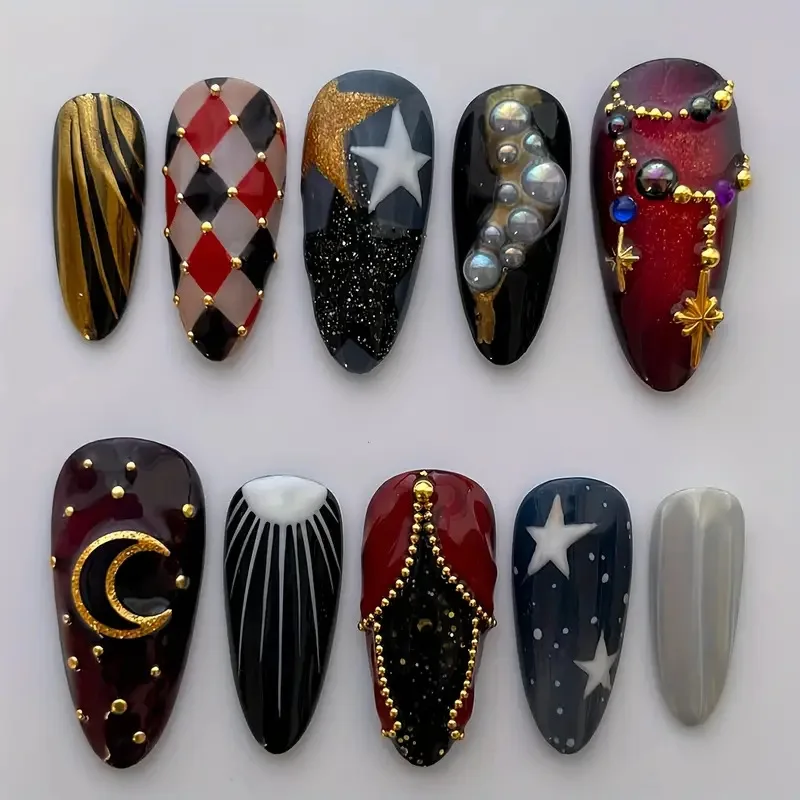 (xm564-s) 10 Uñas Postizas Hechas A Mano Con Diseño De Perlas, Tipo Presión.