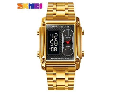 Reloj cuadrado analógico digital LED electrónico multifunción resistente al agua para hombre-tira de acero dorado LUUCOZK