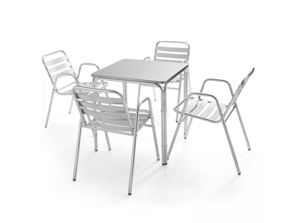 Mesa de Jardín Cuadrada 70x70 cm en Aluminio y 4 Sillas con Brazos Apilables
