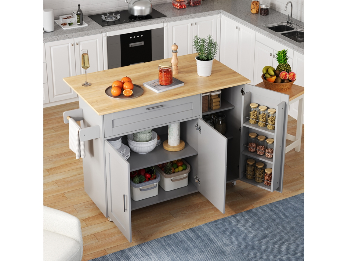 Mesa de cocina móvil, plegable, roble veta, armario multifuncional, especiero, inodoro, 5 ruedas, apto para cocina Zkaka