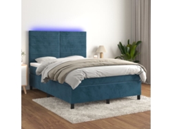 Cama Box Spring Colchón Y Led Terciopelo Azul Oscuro 140x200 Cm