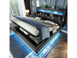 Cama Doble De 140x190 Con Cabecero Con Espacio De Almacenamiento, Usb-c, Iluminación Led Hidráulica, Color Gris Lino.