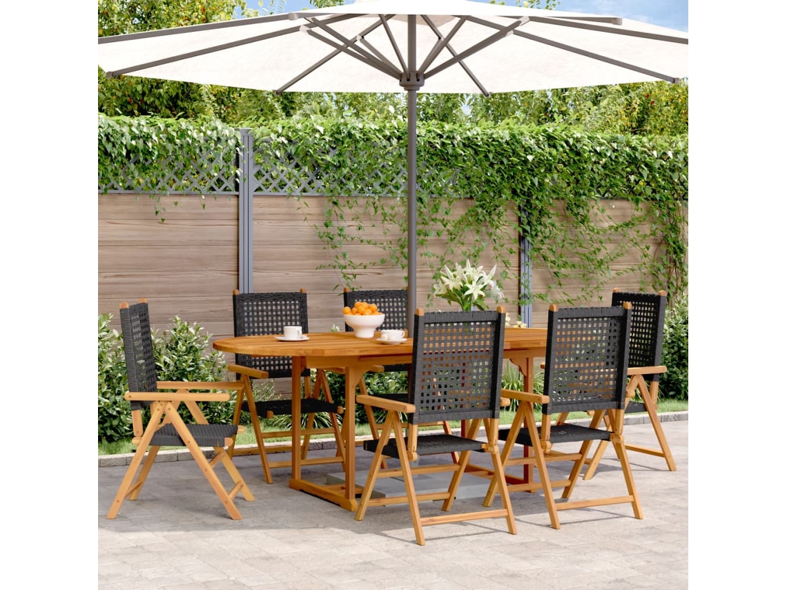 Juego de comedor de jardín de 7 piezas en mimbre, madera maciza, negro, DKD Home Decor