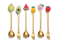 Set Linjou Cucharas Y Tenedores De Postre Frutas Bonitas, 3 Cucharas De Café Y 3 Tenedores De Postre Oro