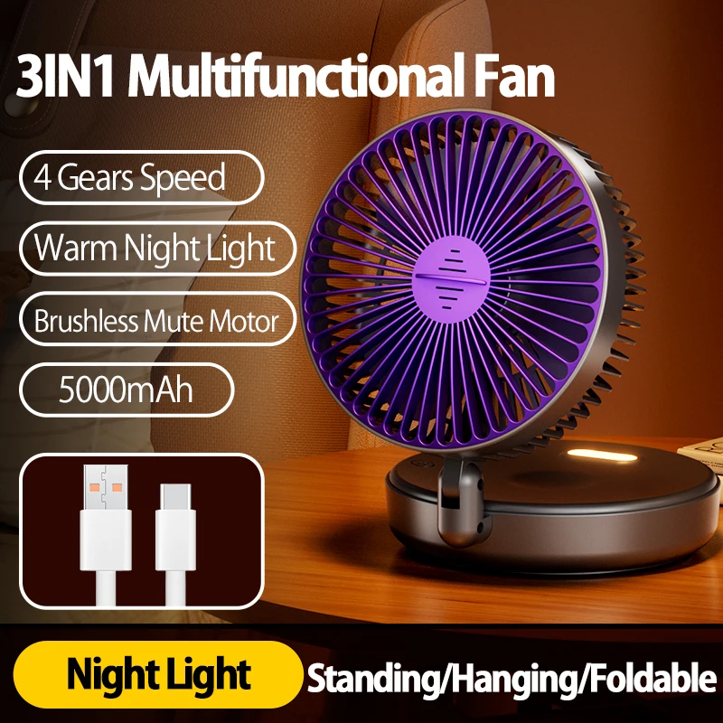 (5000 Mah Gris) Ventilador Portátil Multifuncional 3 En 1 Recargable De 5000 Mah, Se Puede Montar En La Pared, Se Pliega A 90°, Tiene Cuatro Velocidades De Viento Y Una Luz Nocturna Cálida.