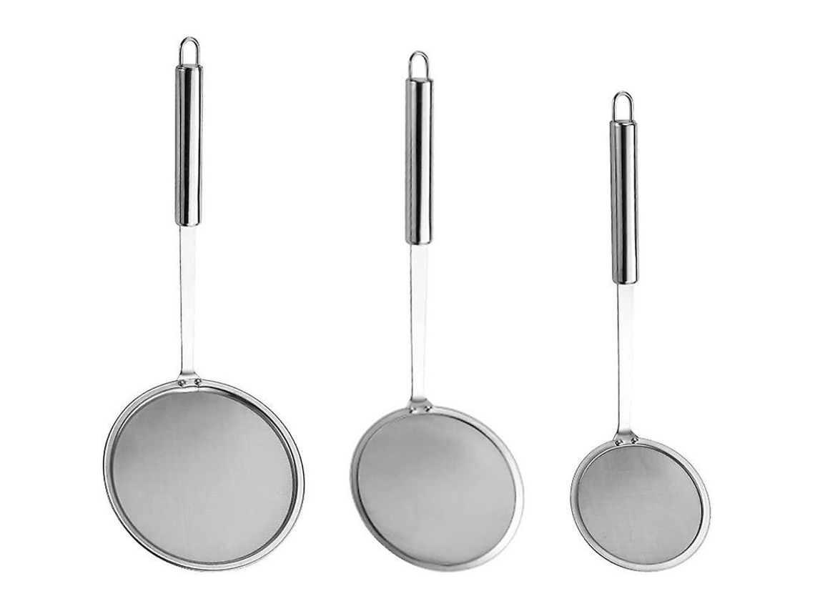 Set 3 Coladores De Acero Inoxidable 304 Con Malla Fina Y Mango Largo Para Cocina