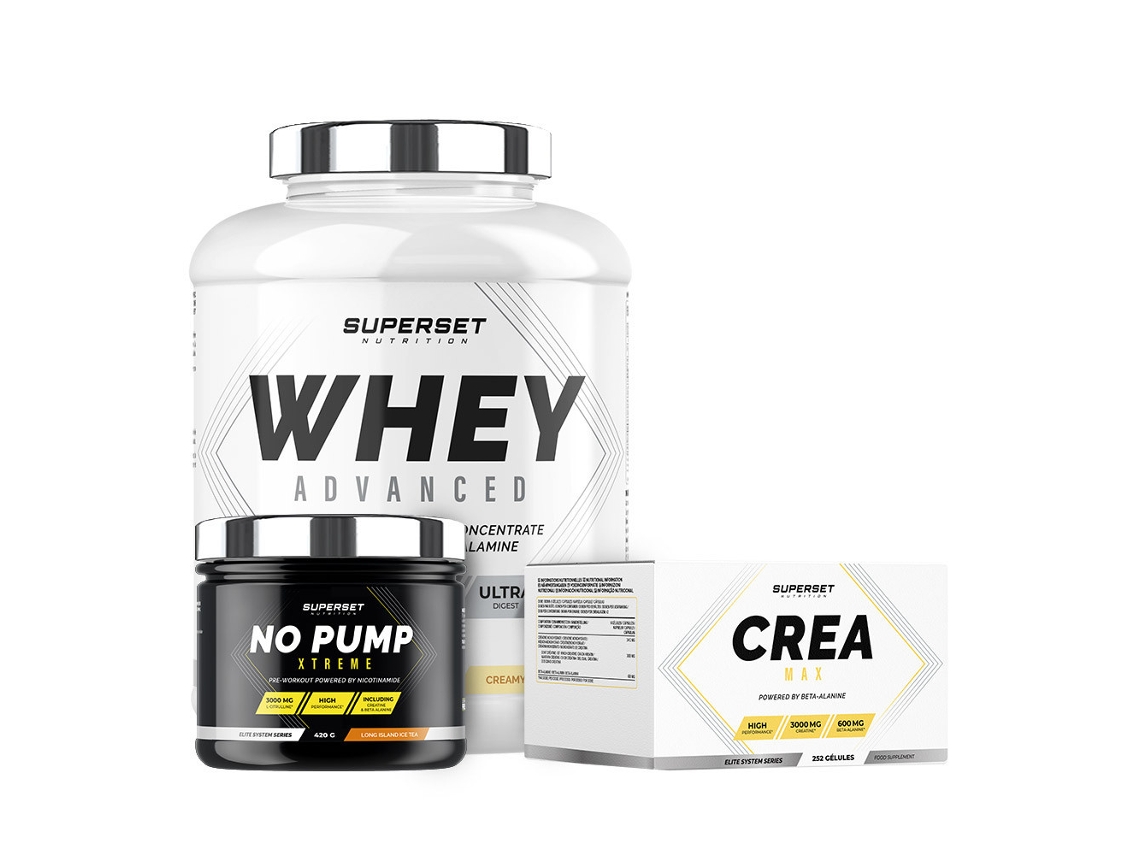 Programa de aumento de masa muscular en seco confirmado 100 Whey Protein Advanced 2 kg Vainilla cremosa Sin Pump Xtreme Créa M Superset Nutrition