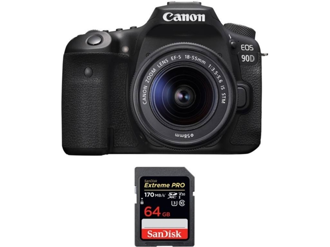 Kit Cámara Réflex CANON EOS 90D + 18-55mm F/3.5-5.6 EF-S IS STM + SanDisk 64GB