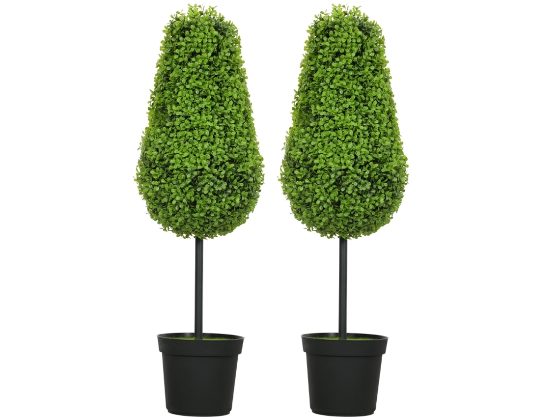 Dos Plantas Artificiales De Boj Con Forma De Lágrima, 90 Cm, De Plástico, En Un Jarrón Moderno.