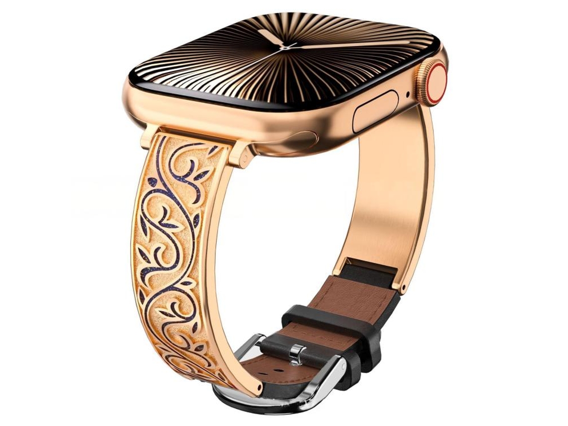 Correa para Apple Watch de 46/49/45/44 mm - Acero inoxidable híbrido con cuero genuino y diseño floral retro.
