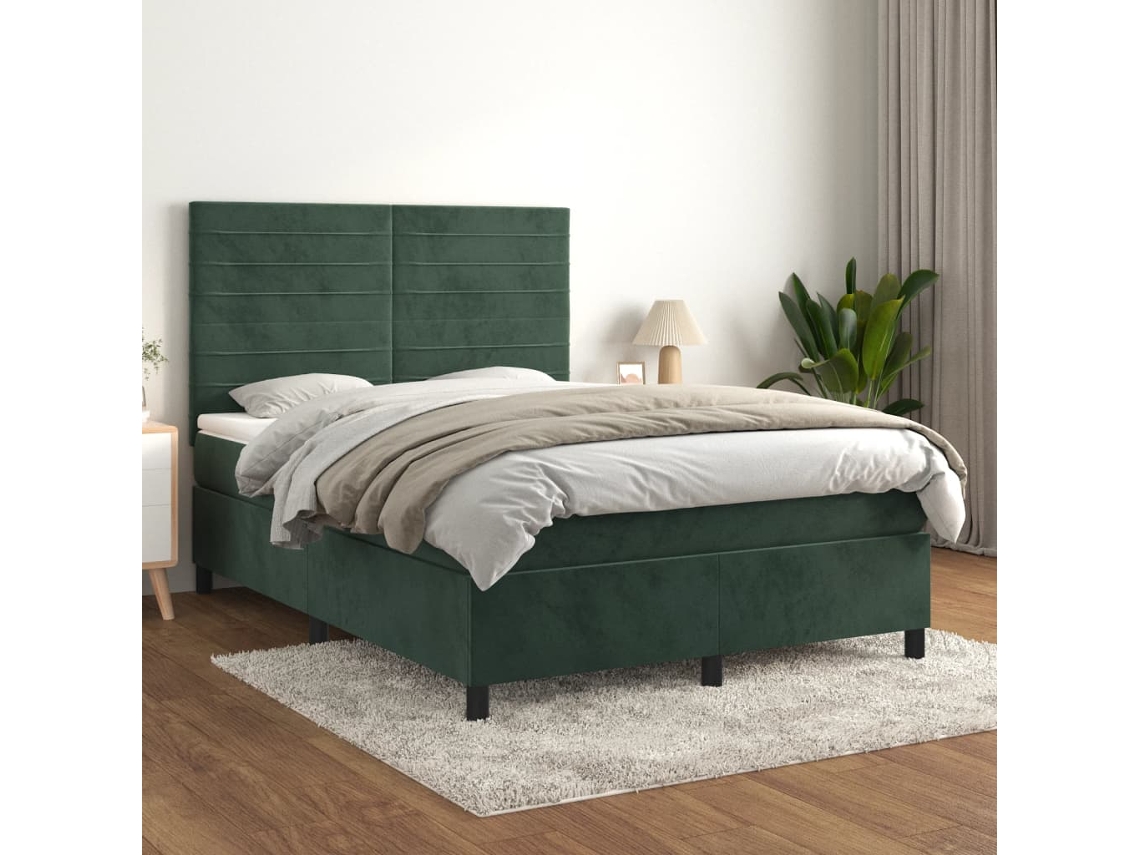 Cama Box Spring Con Colchón Terciopelo Verde Oscuro 140x190 Cm