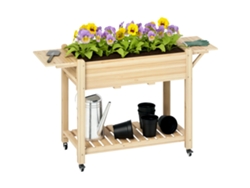 Soporte de madera para plantas de 145x52x86cm, jardinera de sobremesa con ruedas, estante y laterales plegables para flores y verduras en el jardín.