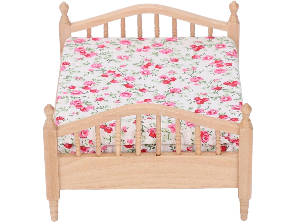 Cama Miniatura Para Casa De Muñecas A Escala 1/12, Elegantes Muebles De Cama, Madera Decorativa, Diseño Floral, Accesorios.