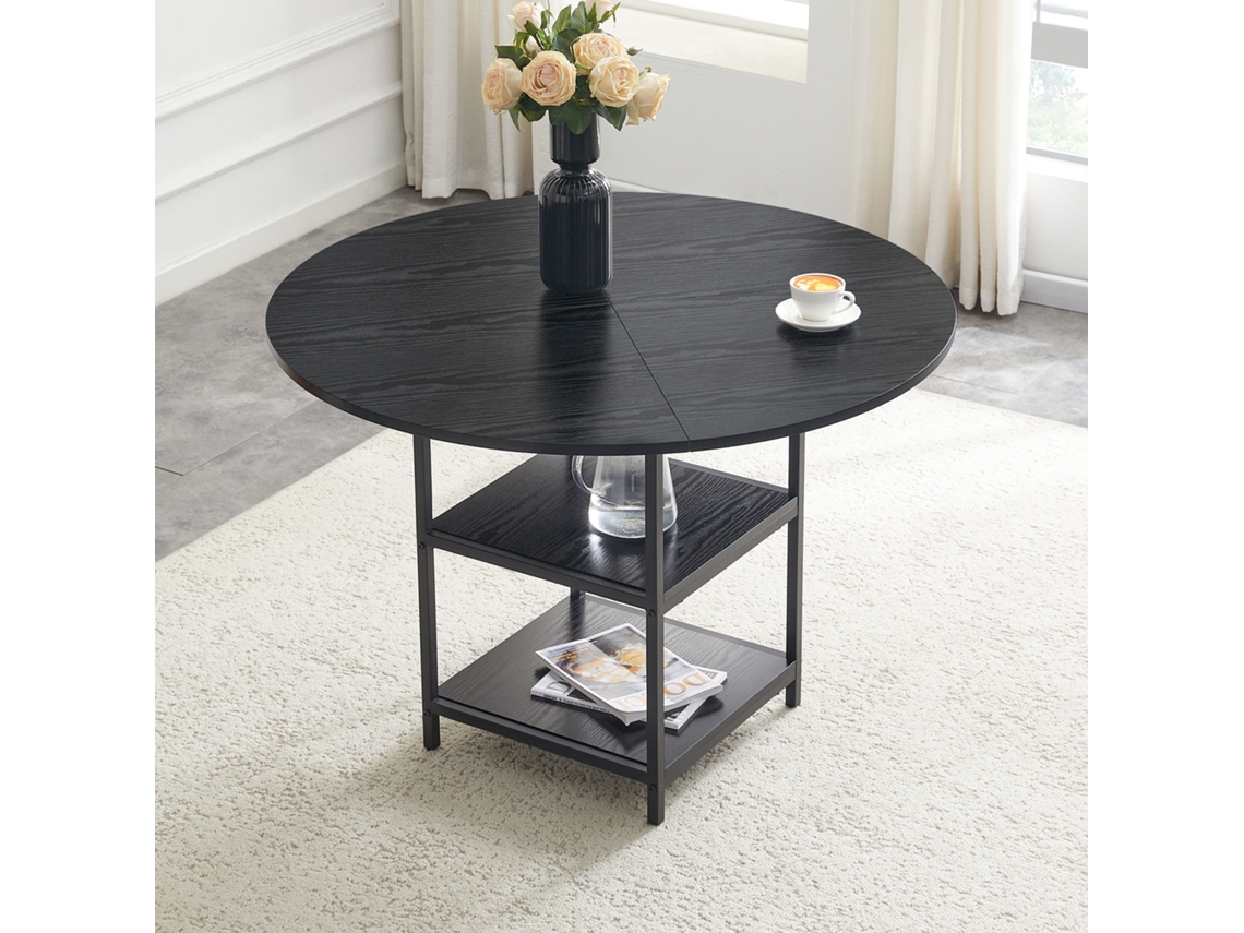 Mesa Redonda De 107 Cm, 2 Niveles, Mdf, Metal Negro, 2-4 Personas.