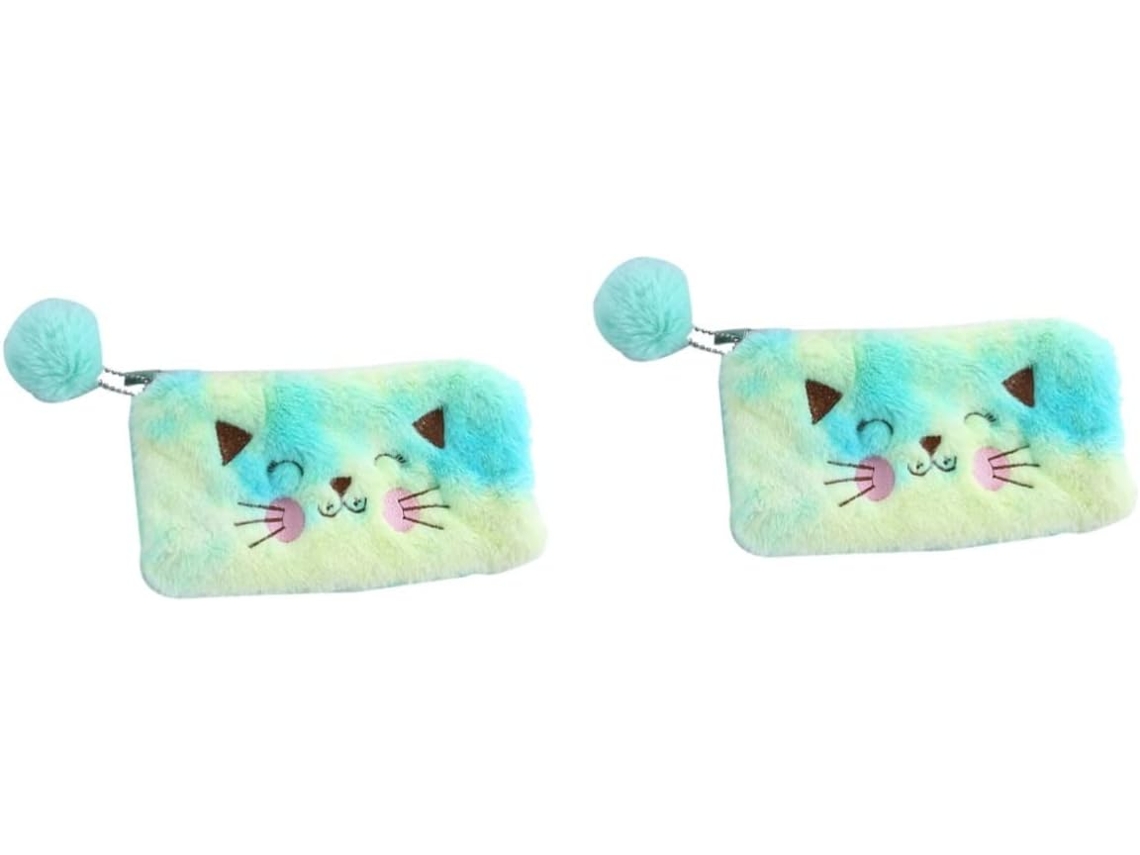 Estuche para lápices con estampado de gato de peluche amarillo, 2 piezas, para guardar útiles escolares, Maquia Gokoco
