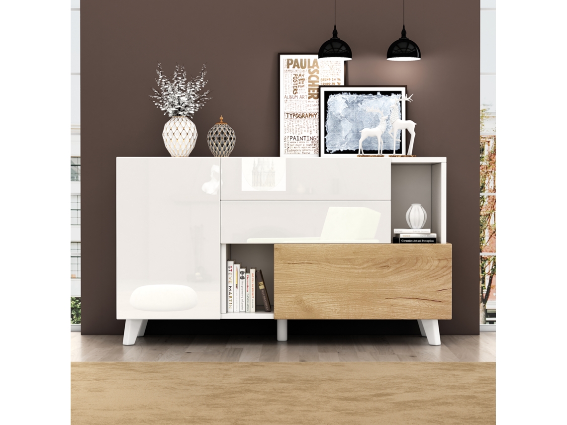 Aparador Brillante 130x40x70cm 2 Puertas 2 Cajones con Compartimentos de Almacenamiento Estilo Blanco