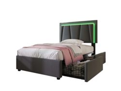 Cama tapizada de lino de 90 x 200 cm, con 2 cajones y estructura LED, color gris.