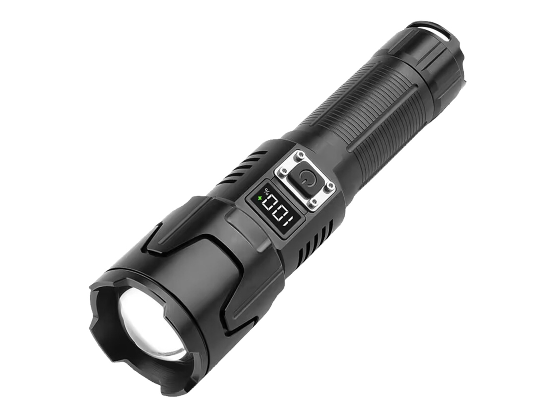 Linterna LED ultrabrillante recargable por USB de 120000 lm con zoom, retráctil, impermeable y con certificación IPX5.