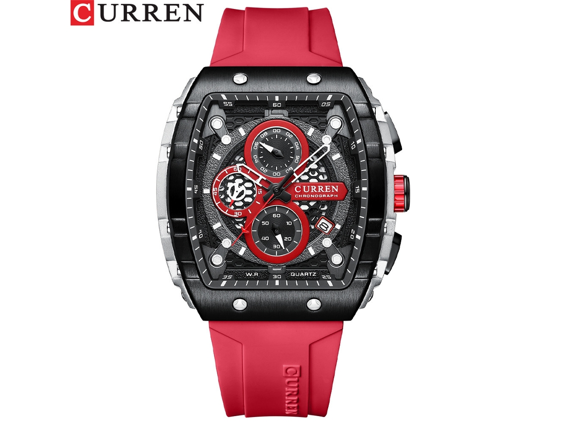 Reloj De Cuarzo Para Hombre, Resistente Al Agua, Con Seis Manecillas Y Función De Calendario (correa Roja, Caja Plateada, Esfera Negra).