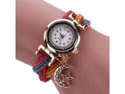Reloj De Pulsera De Cuarzo Para Mujer Con Incrustaciones De Diamantes De Imitación Y Colgante De Luna Y Estrella Naranja.