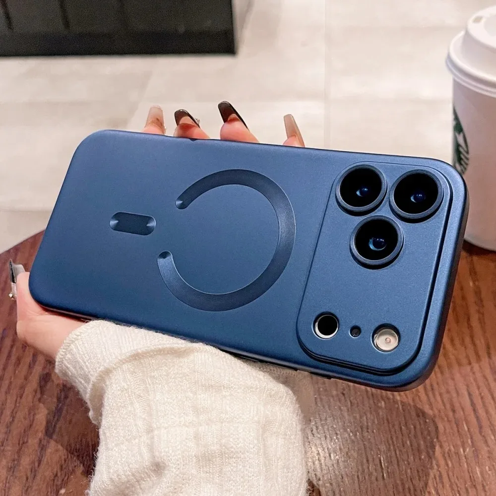 (iphone 16 Azul Marino) Lujosa Funda Metálica Magnética Para Iphone Con Soporte Para Carga Inalámbrica.