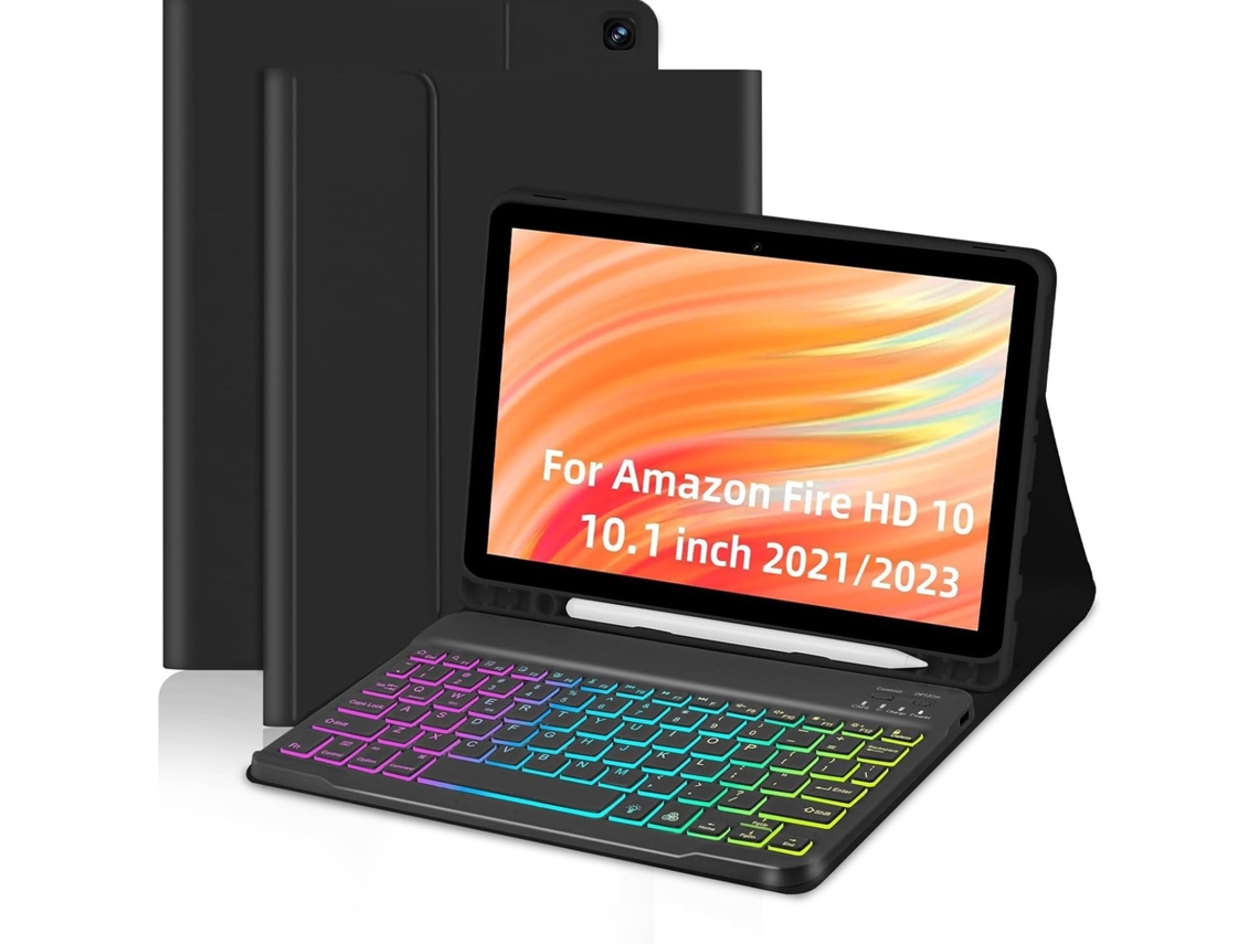 Capa Hexinyigjly Com Teclado 3 Cores Para Amazon Fire Hd 10 2023 – 10,1'' Preto