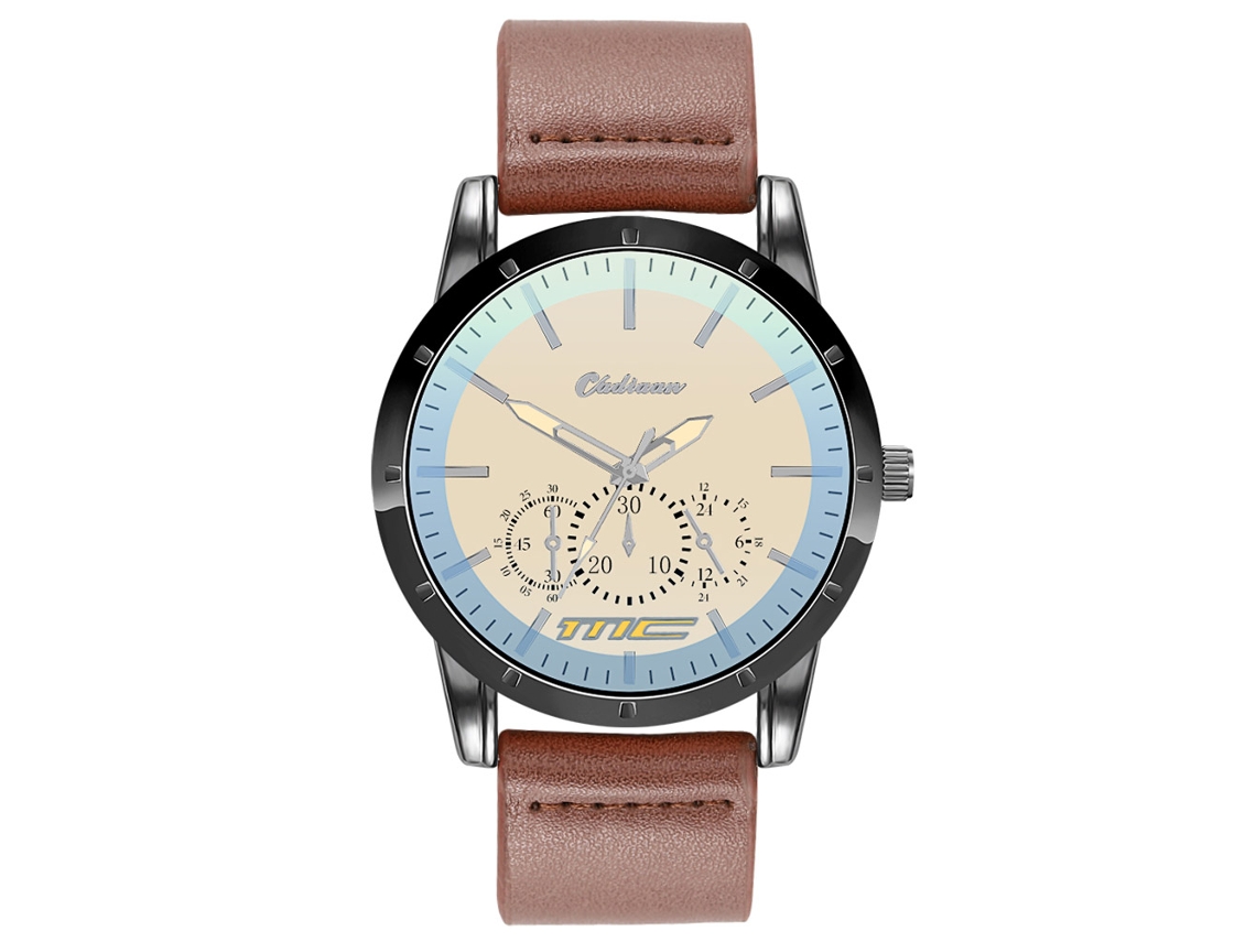 Reloj De Cuarzo Para Hombre Con Correa De Cuero Pu, Dial De Tres Ojos, Moda