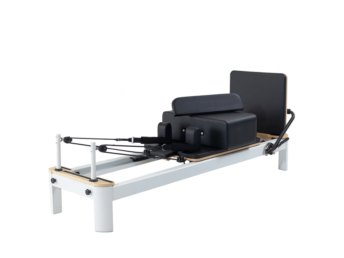 Reformer Pilates Cuore Pilates Blanco De Aluminio – Estructura Ligera Y Resistente, Acolchado Eva Alta Densidad, Tapizado Gris Lavable