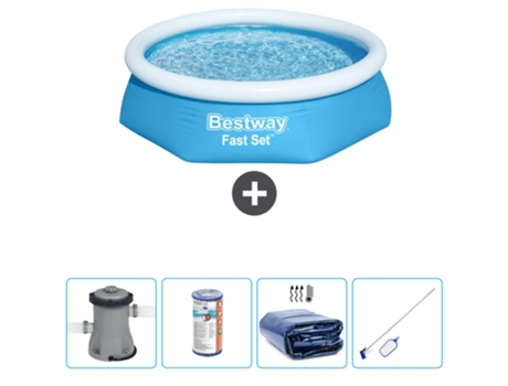Piscina hinchable redonda Fast Set BESTWAY - 244 x 61 cm - Azul - Bomba incluida Filtrar - Vela solar - kit de limpieza