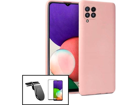Kit Protector de Cristal Templado 5D Full Cover, Funda Silicona Liquida y Soporte Magnético L Safe Driving Coche Samsung Galaxy M22 PHONECARE Rosa