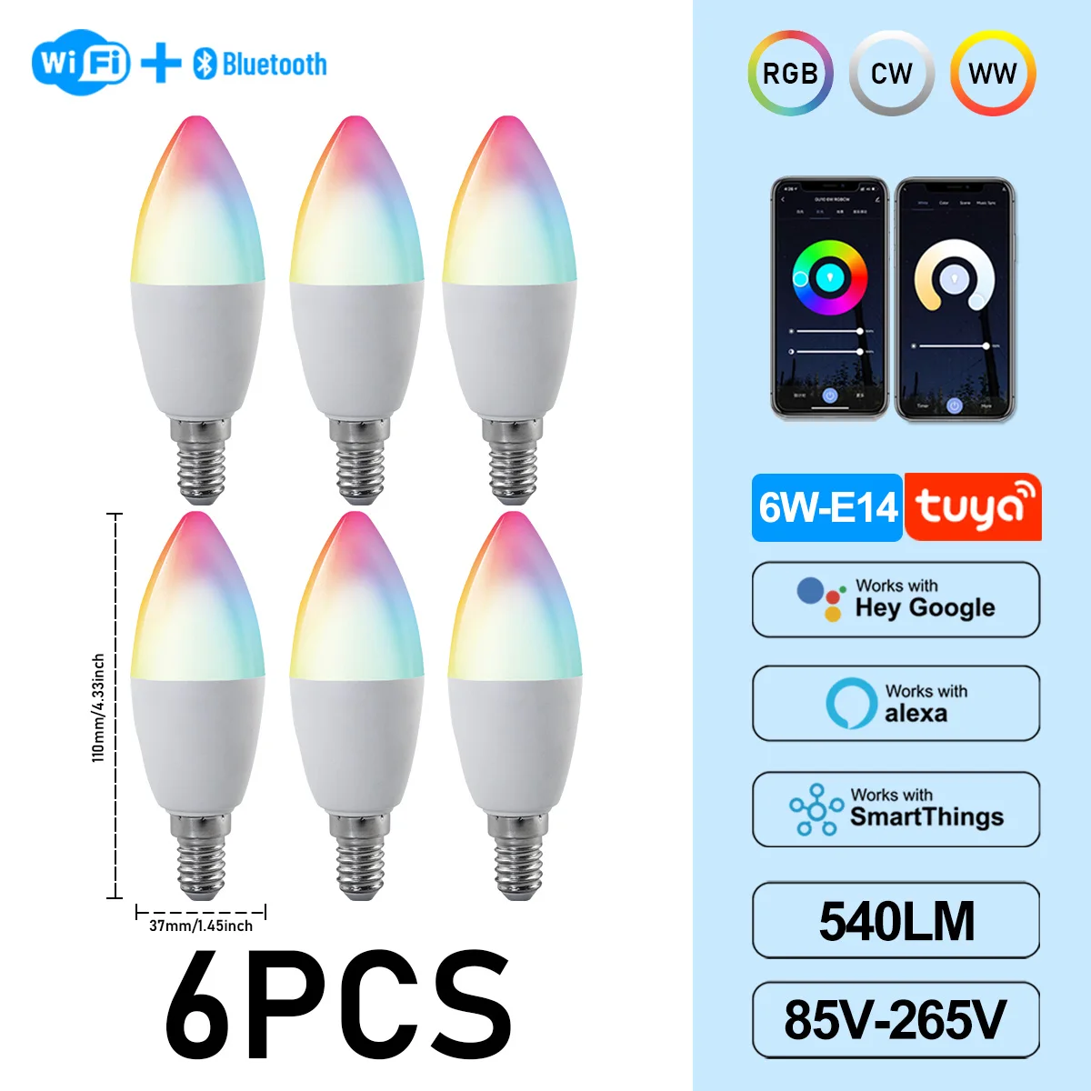 (6 Bombillas, Ac85-265v) Bombillas Led Tipo Vela Graffiti De 6w C37 E14, Control Por Aplicación, Aptas Para Lámparas De Araña De Cristal.