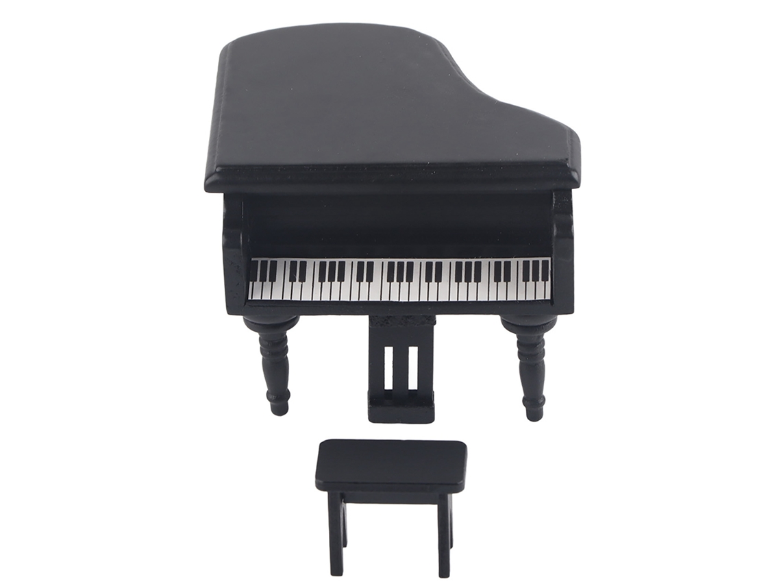 Piano de madera Mali con taburete para casa de muñecas escala 1:12 (negro)