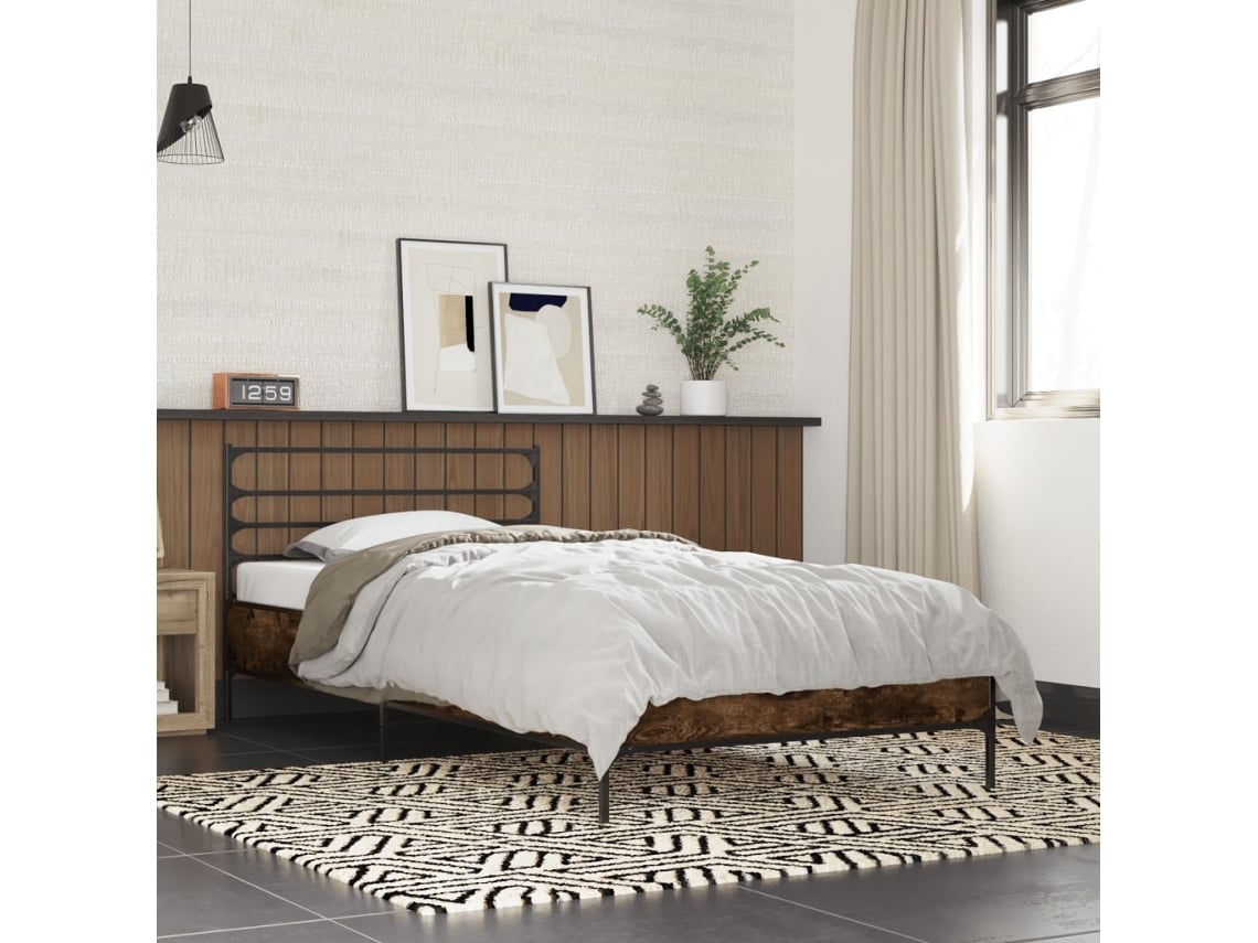 Estructura Cama Madera Ingeniería Metal Roble Ahumado 90x200 Cm