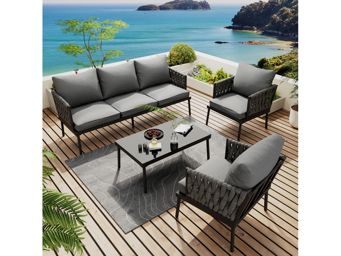 Set De Sillones Lounge, Set Con Cojines, Sofá 3 Plazas, 2 Sillones Y Mesa, Exterior, Tablero De Cristal, Reposabrazos De Cuerda, Acero, Gris