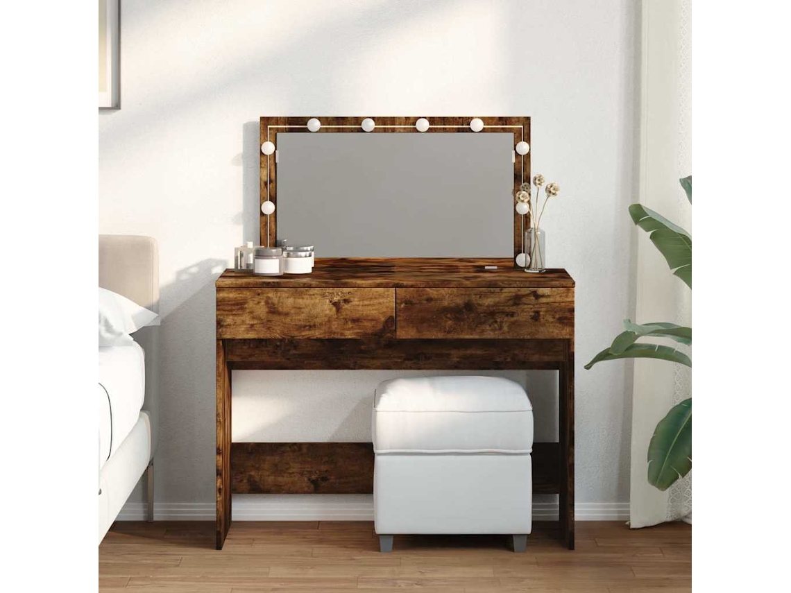 Tocador | Mesa De Vestidor Con Luces Led Color Roble Ahumado 100x40x120 Cm