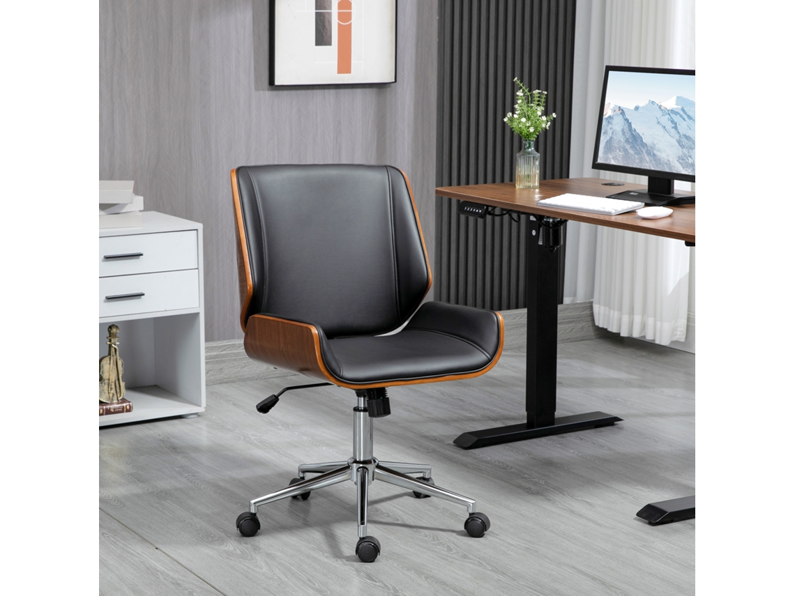 VPMKP - Silla de oficina retro Vinsetto, silla de madera con altura ajustable, giratoria con función de inclinación, negra