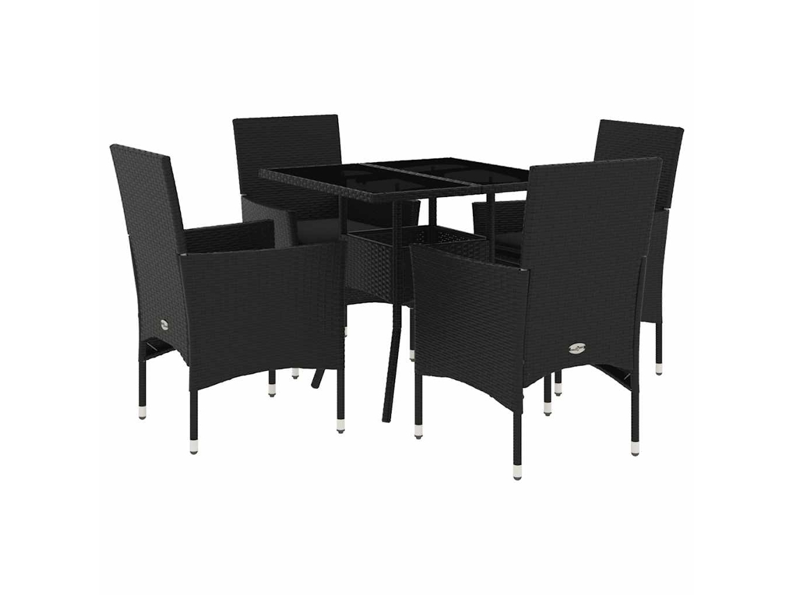Juego de 5 juegos de comedor de jardín con cojines de mimbre, patas de cristal negro, EXCLUSIVO DE LA CASA