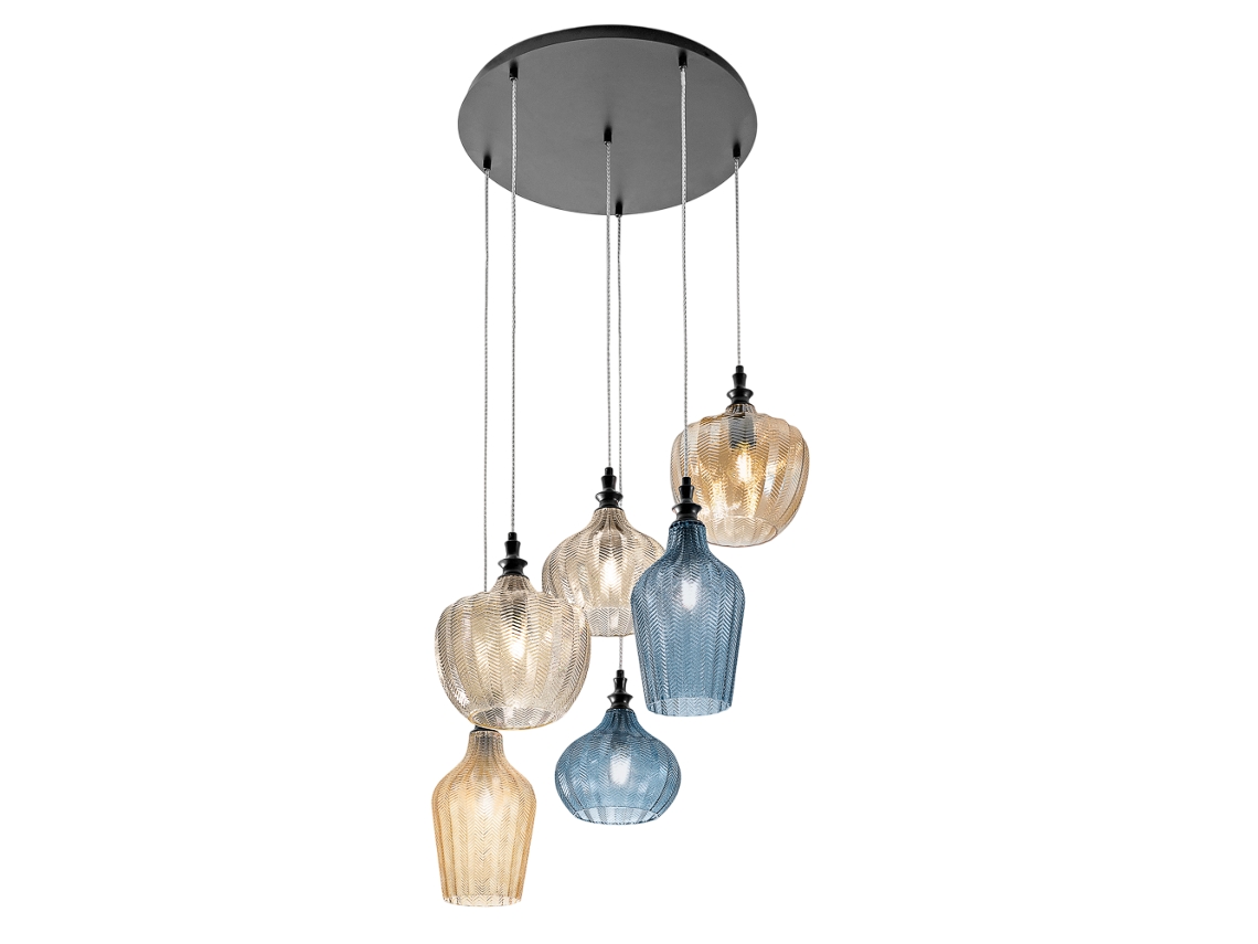 Lámpara colgante Cleofe de 6 luces con cristales ámbar, ocre y cobalto, 6 x 27 cm, máx. 6 x 60 W, diseño elegante y moderno, IP20. Gea Luce