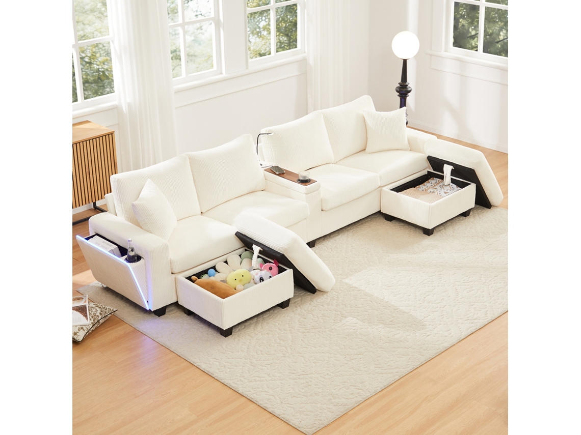 Sofá En U 334x128,5x81 Cm - 4 Plazas, Usb/type-c, Led, 2 Pufs - Beige
