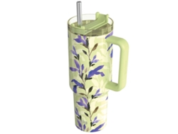 Taza térmica verde Quoka de 1200 ml con pajita y decoración floral de matcha