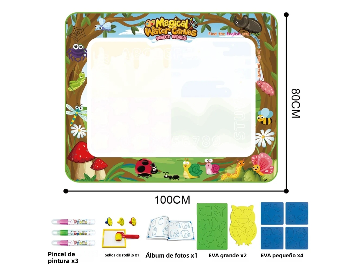 Tapete Mágico para Pintura con Acuarela (Insectos 100x80cm) Extra Grande, Set de Juguete para Dibujo con Acuarela y Grafito.